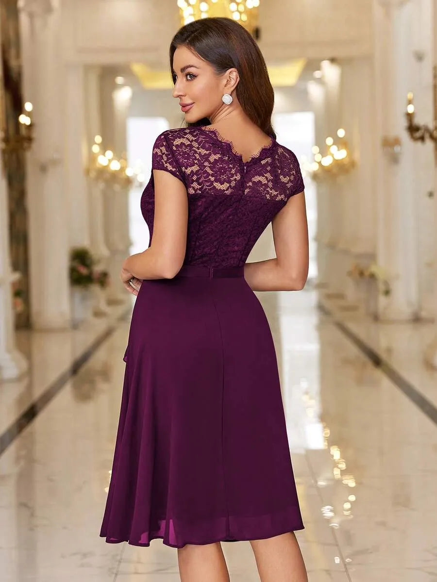 Elegant A-Line Bateau Lace Short-Sleeve Zip-Back Knee-Length Wedding Guest Dress