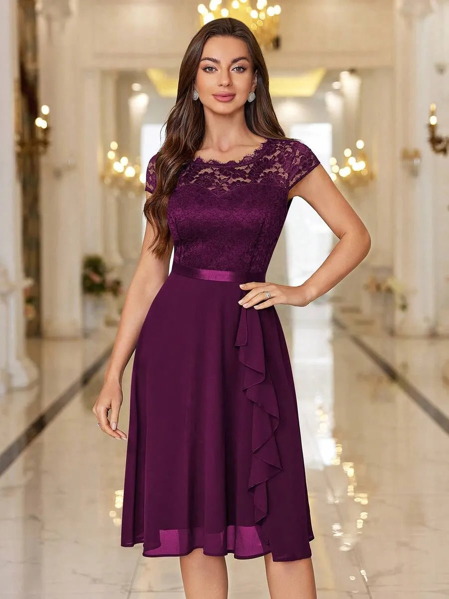 Elegant A-Line Bateau Lace Short-Sleeve Zip-Back Knee-Length Wedding Guest Dress