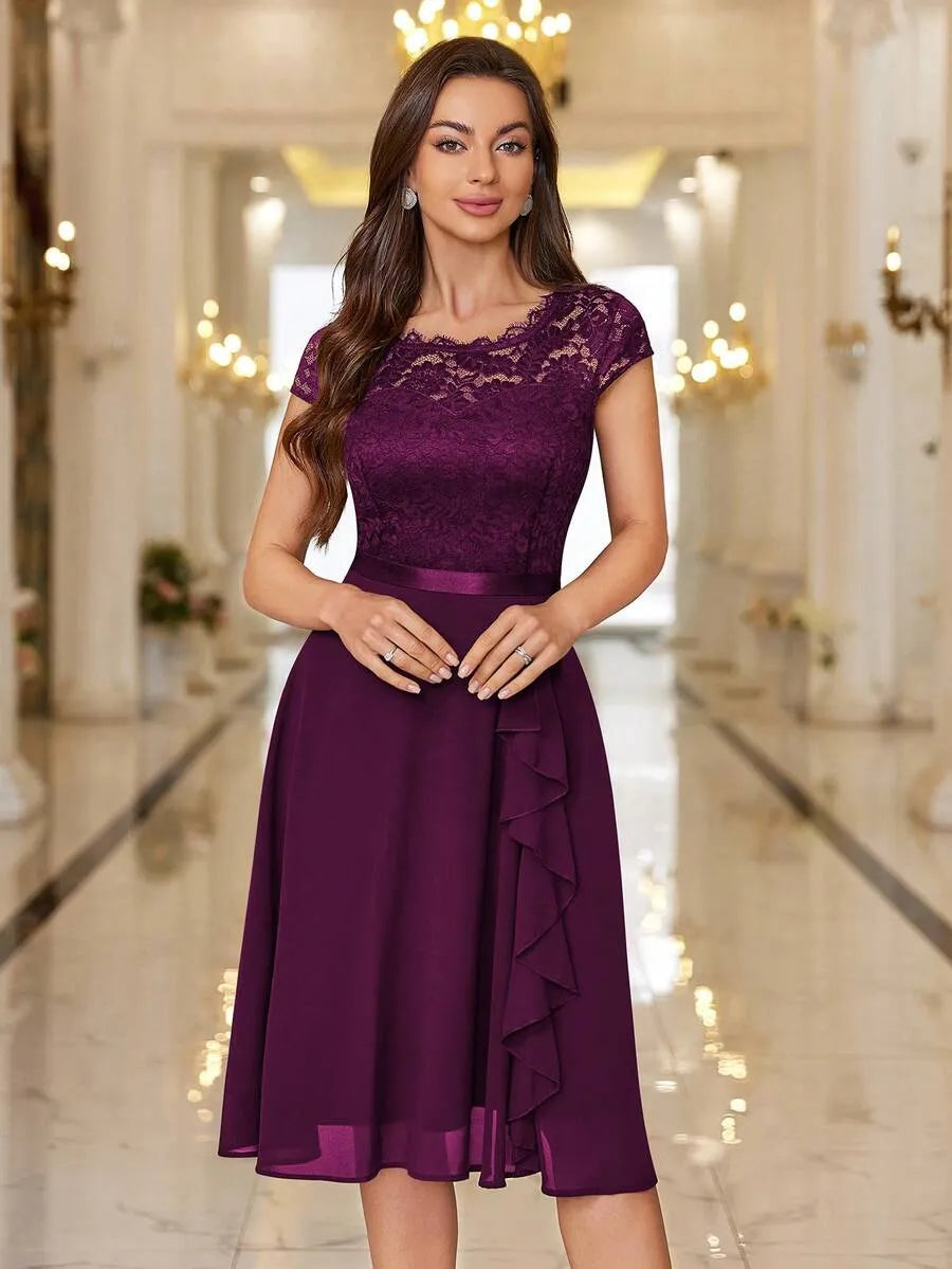 Elegant A-Line Bateau Lace Short-Sleeve Zip-Back Knee-Length Wedding Guest Dress