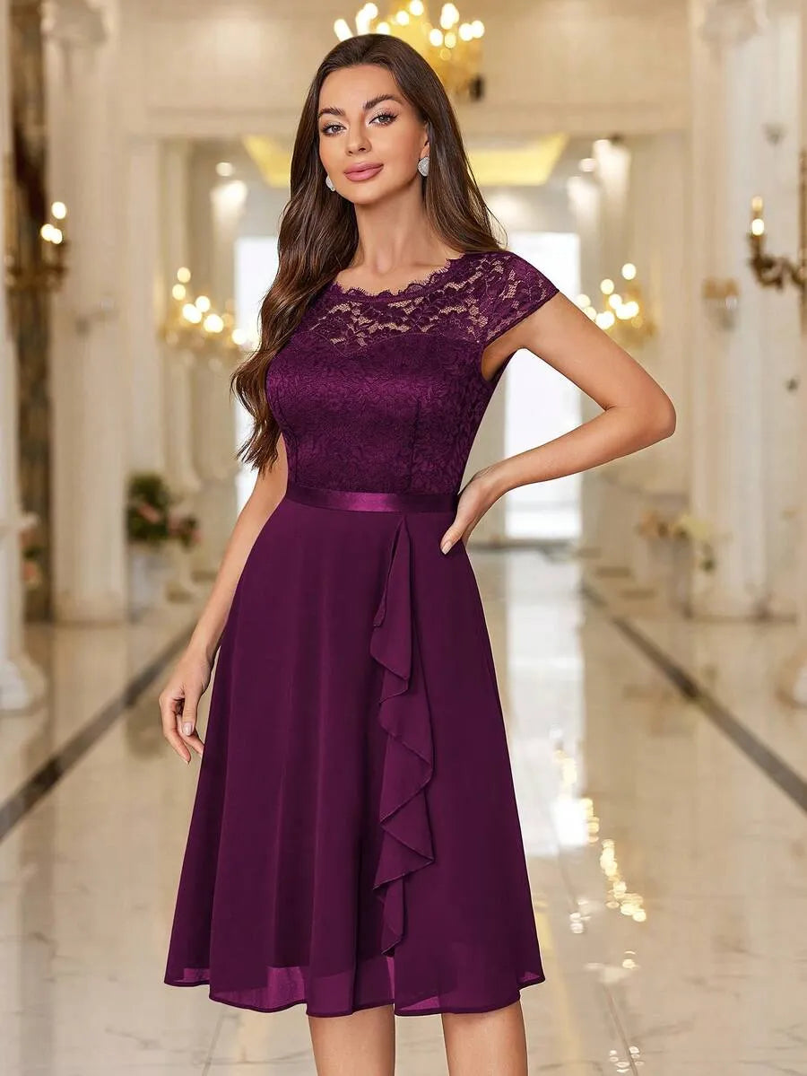 Elegant A-Line Bateau Lace Short-Sleeve Zip-Back Knee-Length Wedding Guest Dress
