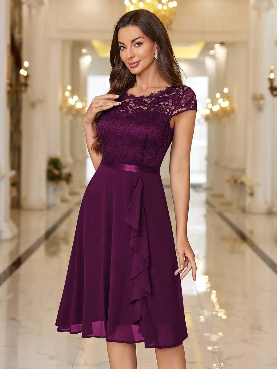 Elegant A-Line Bateau Lace Short-Sleeve Zip-Back Knee-Length Wedding Guest Dress
