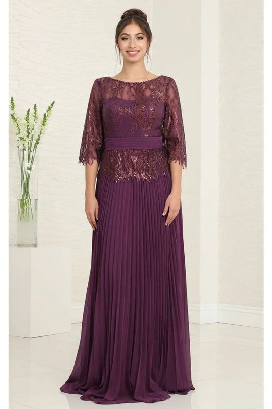 Loverlm plum Mother of the Bride dress with shimmering lace bodice three-quarter sleeves ruched waist and pleated floor-length skirt