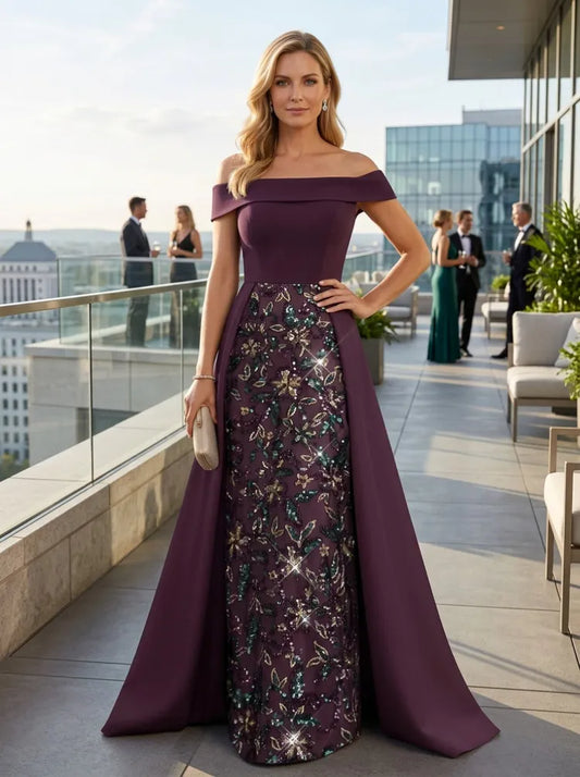 Loverlm plum Mother of the Bride dress with off-shoulder neckline embellished floral front panel and full floor-length A-line overskirt