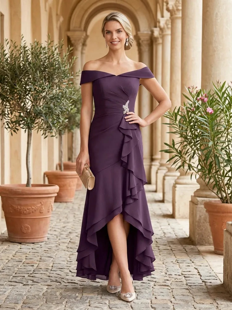 Loverlm plum Mother of the Bride dress with off-shoulder neckline silver waist detail cascading ruffles and high-low chiffon skirt