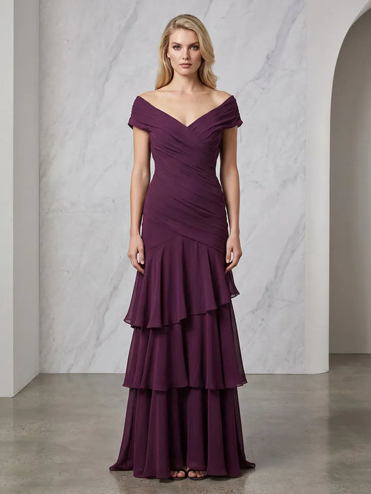 Loverlm deep plum Mother of the Bride dress with off-shoulder neckline ruched bodice tiered ruffle skirt and floor-length silhouette
