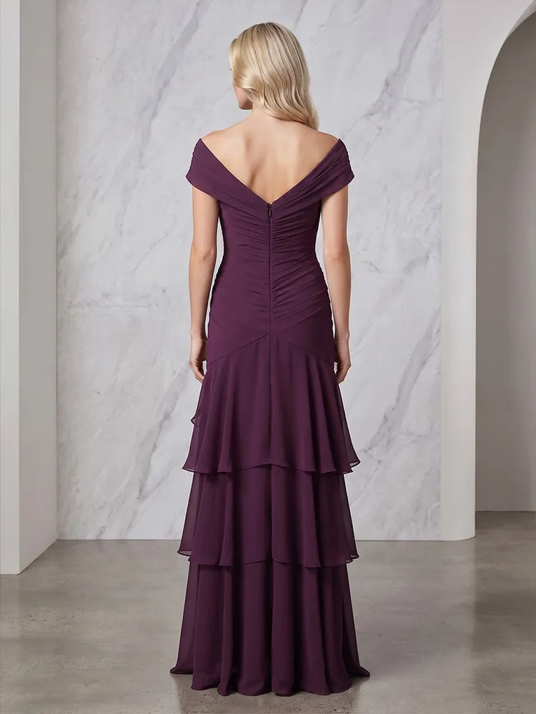 Elegant Mermaid Off-Shoulder Ruched Ruffle Floor-Length Mother of the Bride Dress