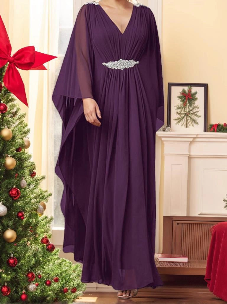 Plum purple Mother of the Bride Dress with V-neckline, jeweled empire waist, flowing sheer cape sleeves and floor-length A-line skirt by Loverlm.