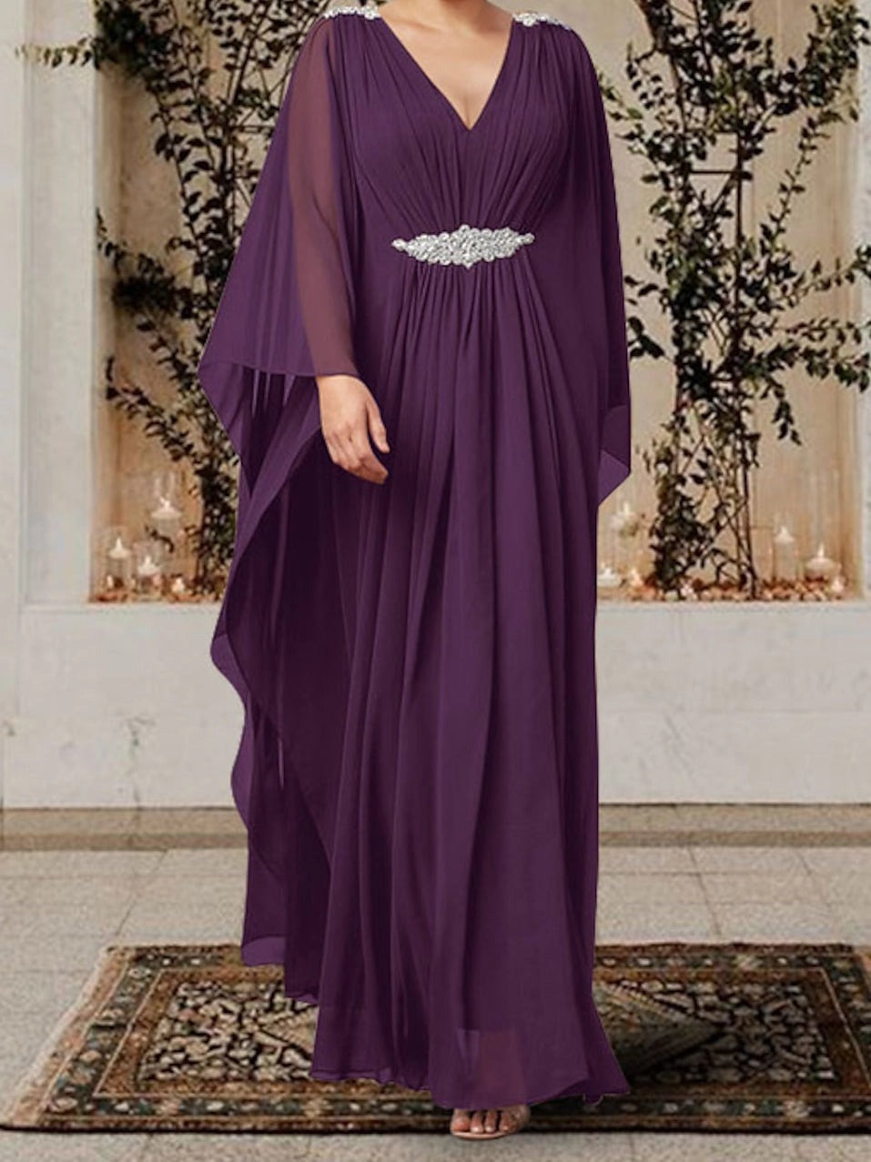 Elegant Empire Waist V-Neck Cape Sleeve Draped Back Floor Length Mother of the Bride Dress