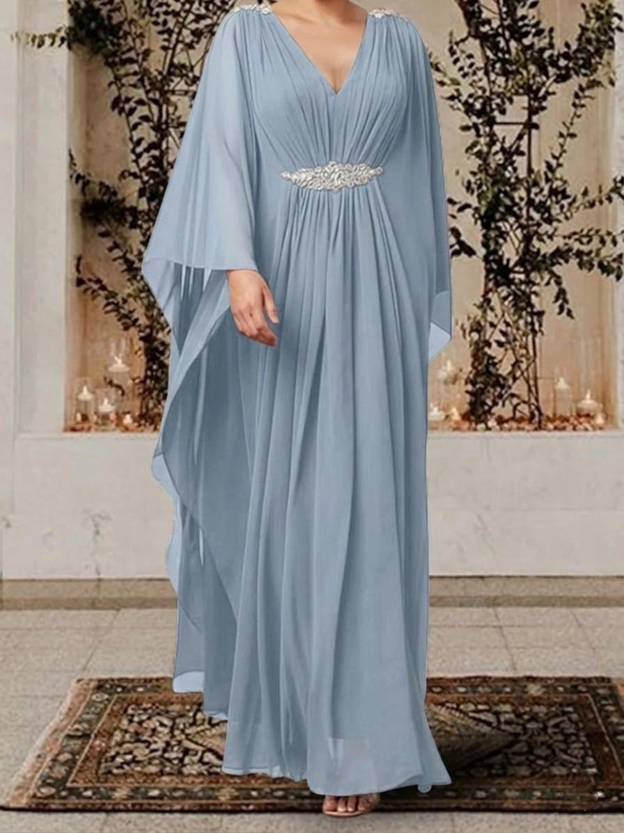 Elegant Empire Waist V-Neck Cape Sleeve Draped Back Floor Length Mother of the Bride Dress