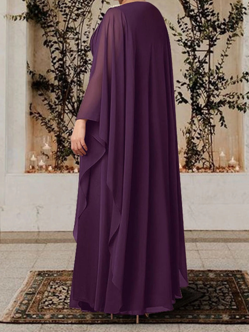 Elegant Empire Waist V-Neck Cape Sleeve Draped Back Floor Length Mother of the Bride Dress
