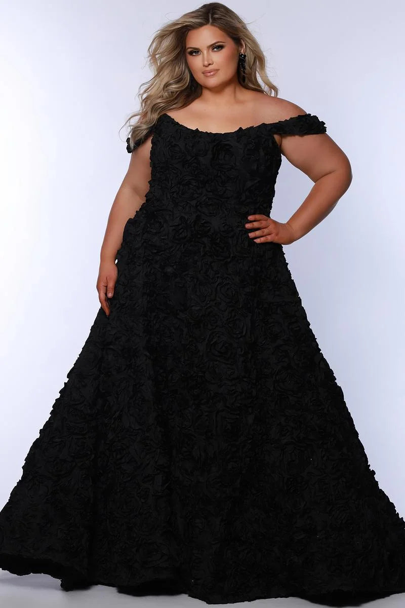 Plus size black 3D floral rosette A-line prom dress with off-shoulder neckline, short sleeves, fitted bodice, and voluminous floor-length skirt