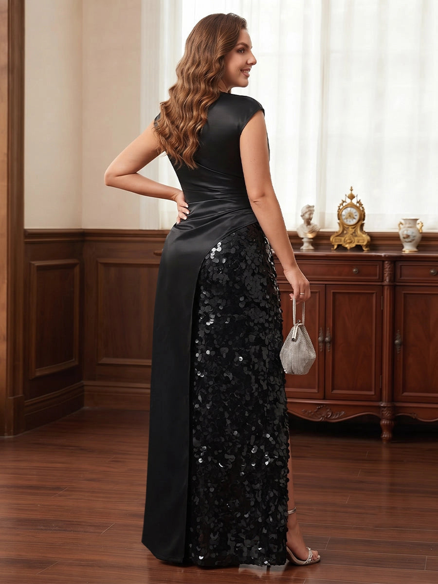 Chic Plus Size Column Cowl-Neck Sleeveless Closed-Back Sequin Satin Evening Dress