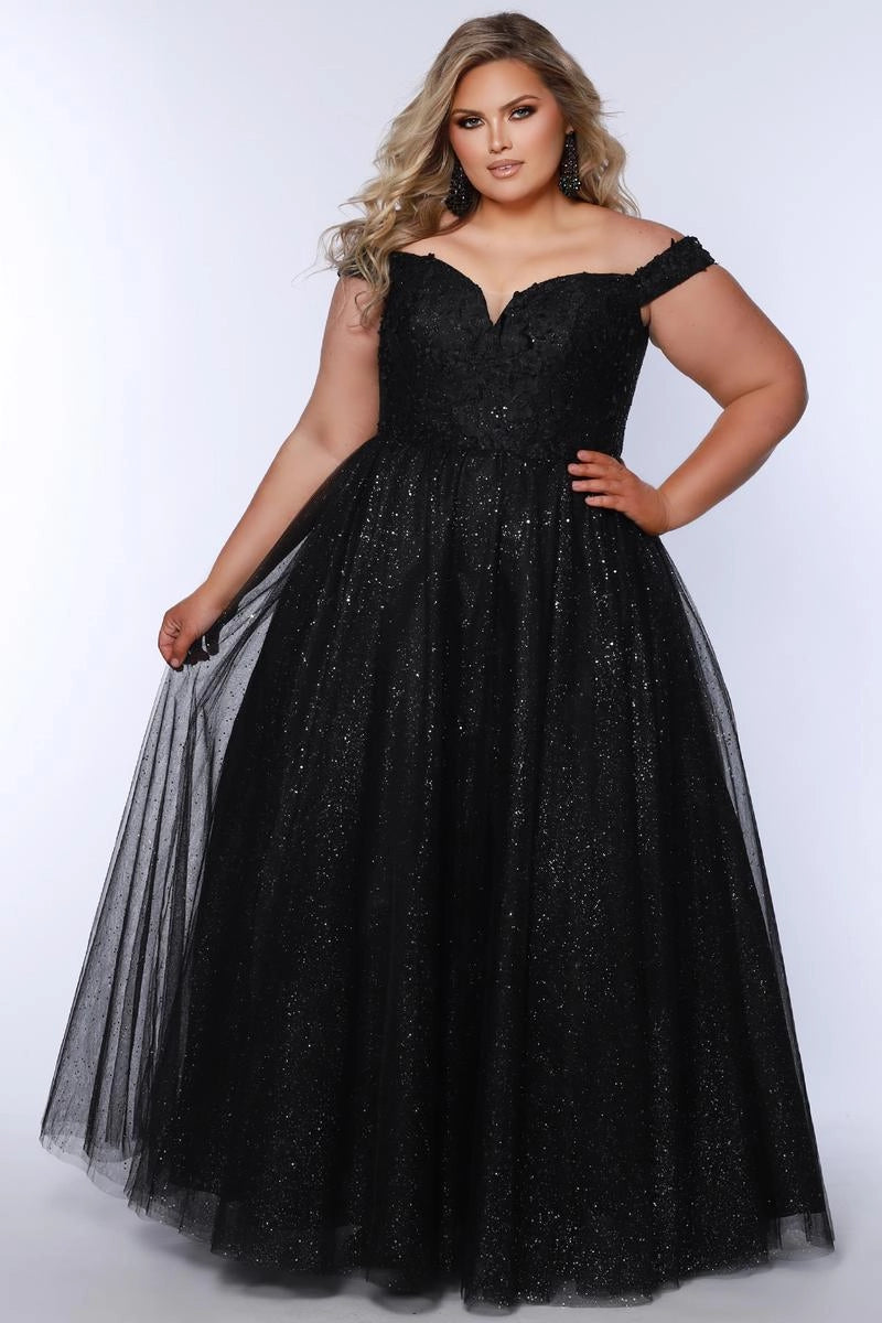 Plus size black glitter tulle A-line prom dress with off-shoulder sweetheart neckline, floral lace bodice, defined waist, and full floor-length skirt
