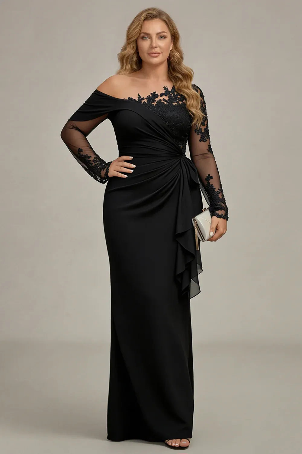 Loverlm plus size black evening dress with an asymmetric lace neckline, sheer long sleeves, ruched waist and cascading side drape.