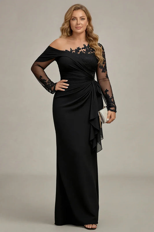 Loverlm plus size black evening dress with an asymmetric lace neckline, sheer long sleeves, ruched waist and cascading side drape.
