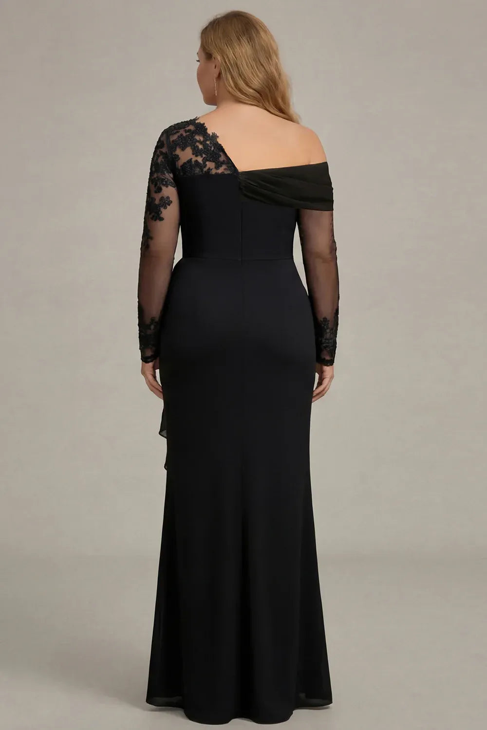 Elegant Plus Size Lace Sheath Asymmetric Neckline Long-Sleeve Asymmetric-Back Floor-Length Evening Dress
