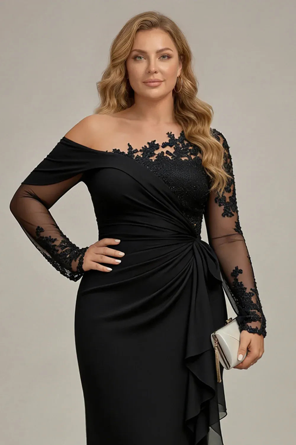 Elegant Plus Size Lace Sheath Asymmetric Neckline Long-Sleeve Asymmetric-Back Floor-Length Evening Dress