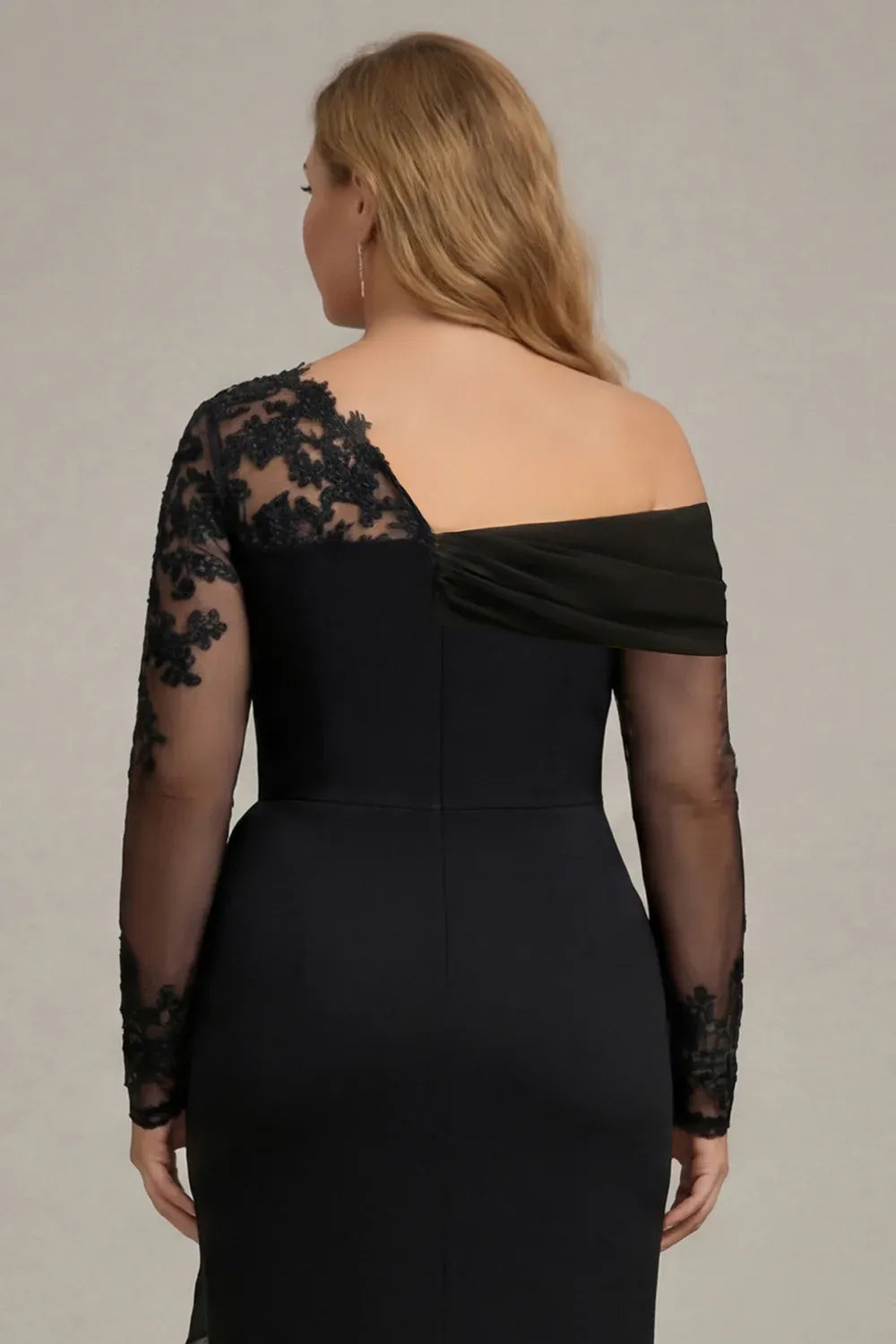 Elegant Plus Size Lace Sheath Asymmetric Neckline Long-Sleeve Asymmetric-Back Floor-Length Evening Dress