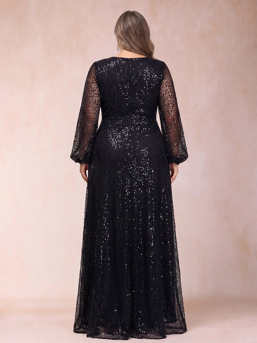 Glamorous Plus Size Sequin Lace A-Line V-Neck Long-Sleeve Zipper-Back Floor-Length Evening Dress