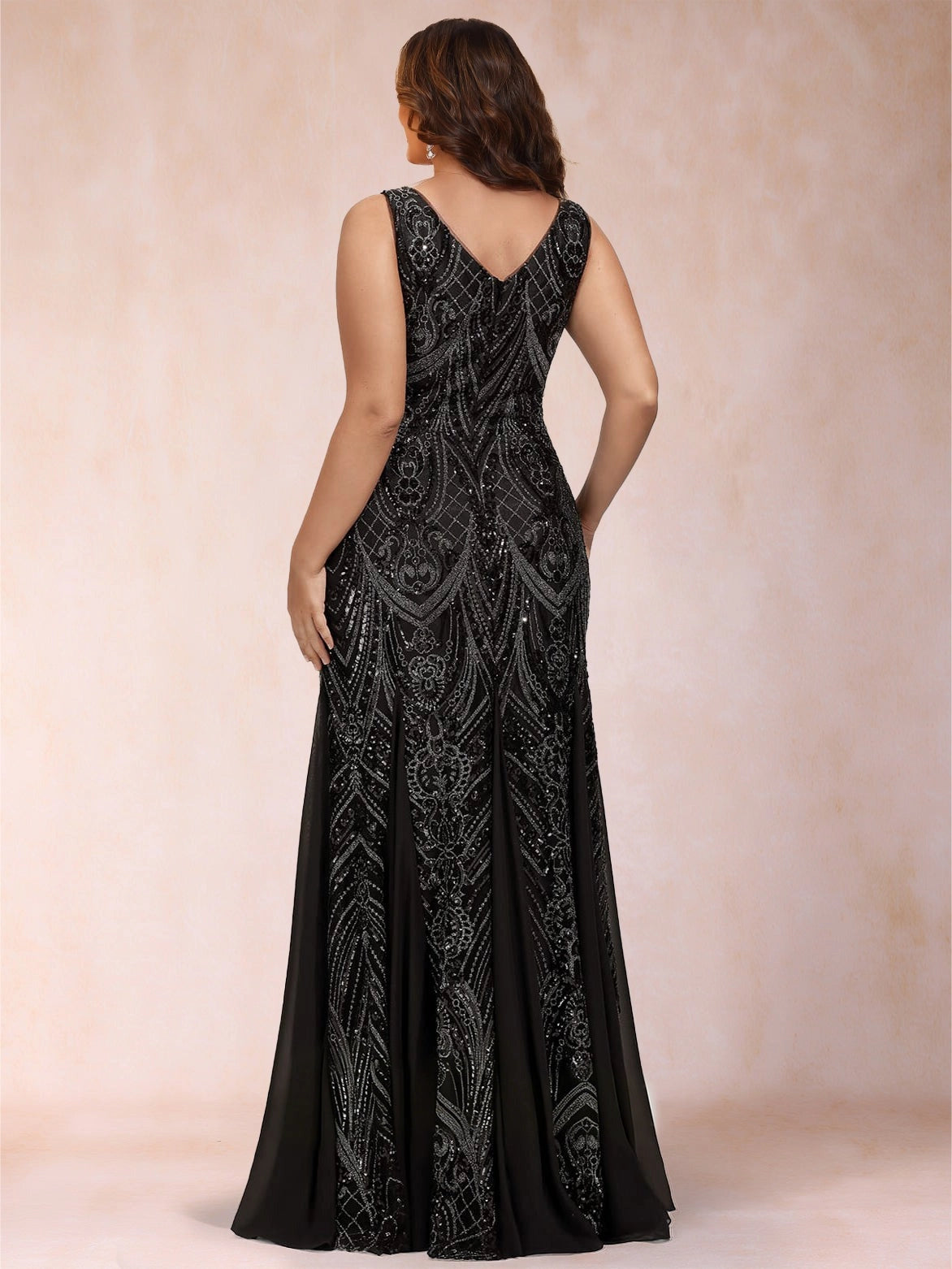 Glamorous Plus Size Sequin A-Line V-Neck Sleeveless V-Back Godet Floor-Length Evening Dress