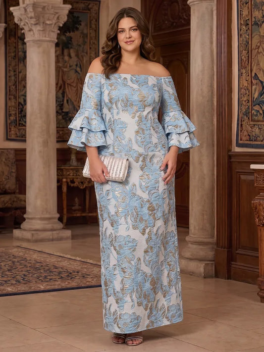 Loverlm plus size blue floral jacquard Mother of the Bride dress with off-shoulder neckline bell sleeves and floor-length skirt