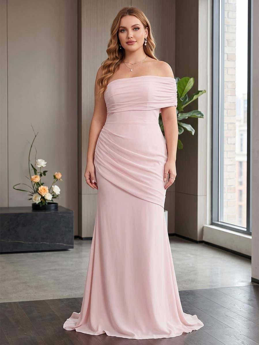 Front view of Loverlm blush pink plus size chiffon mermaid evening dress with off-shoulder neckline and ruched waist
