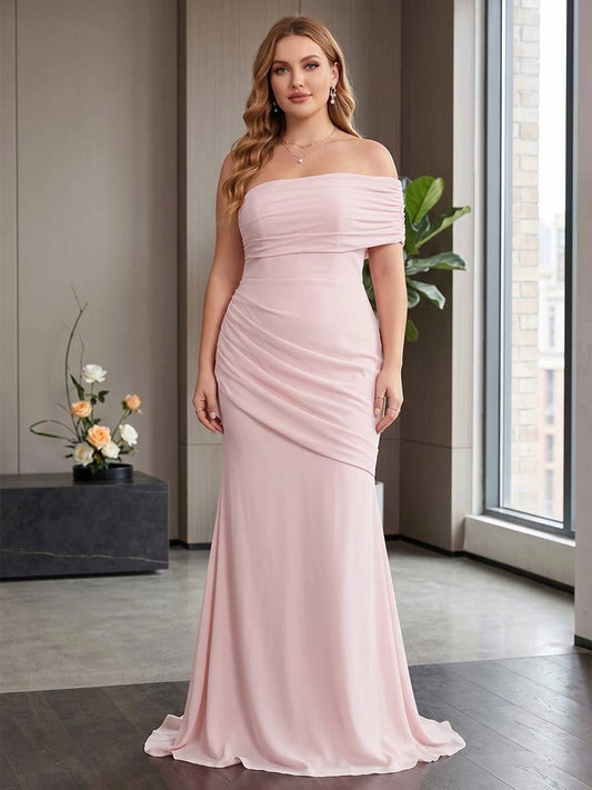 Front view of Loverlm blush pink plus size chiffon mermaid evening dress with off-shoulder neckline and ruched waist

