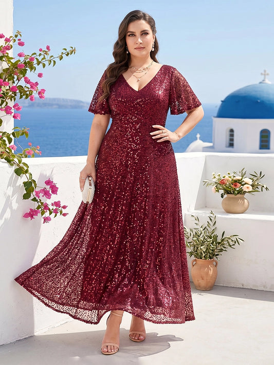 Front view of Loverlm burgundy plus size sequin lace evening dress with V-neckline, flutter sleeves and A-line skirt