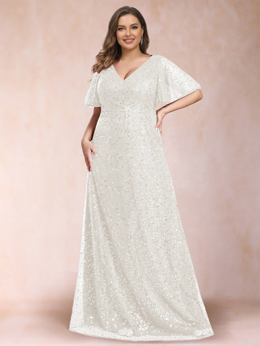 Elegant Plus Size Sequin Lace A-Line V-Neck Flutter-Sleeve Zipper-Back Floor-Length Evening Dress