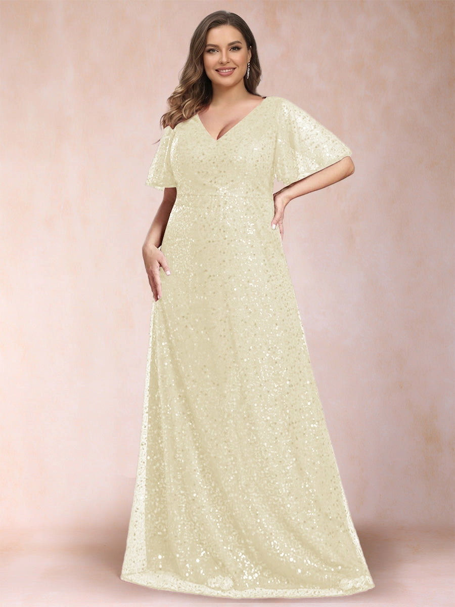 Elegant Plus Size Sequin Lace A-Line V-Neck Flutter-Sleeve Zipper-Back Floor-Length Evening Dress