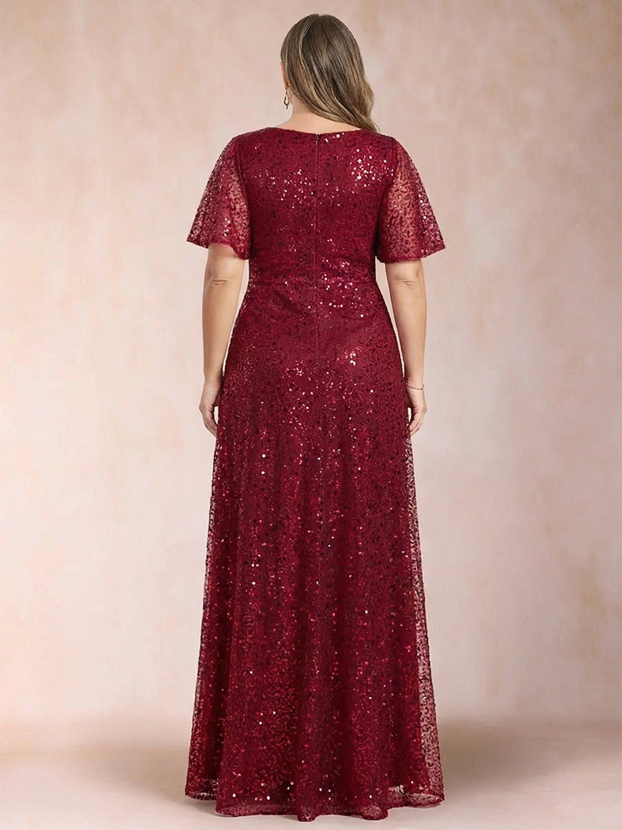 Elegant Plus Size Sequin Lace A-Line V-Neck Flutter-Sleeve Zipper-Back Floor-Length Evening Dress