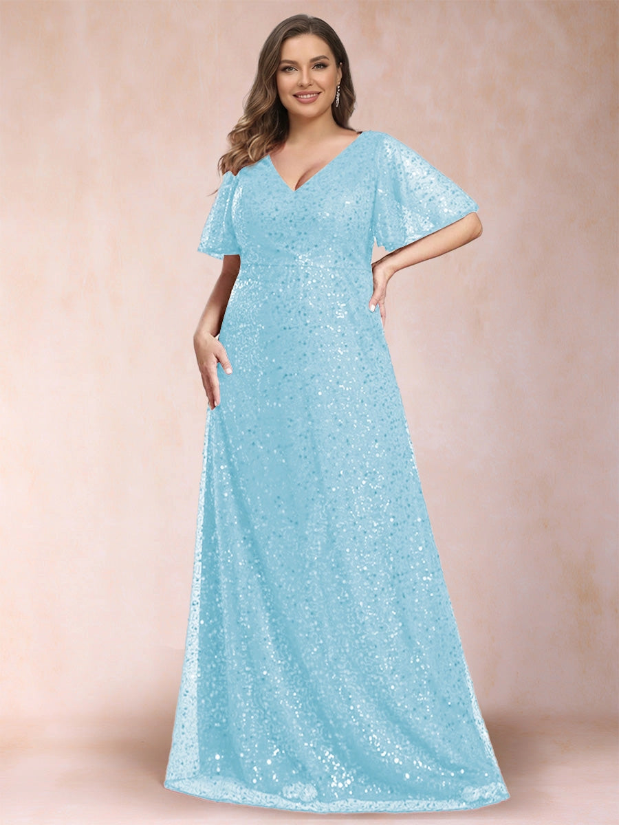 Elegant Plus Size Sequin Lace A-Line V-Neck Flutter-Sleeve Zipper-Back Floor-Length Evening Dress