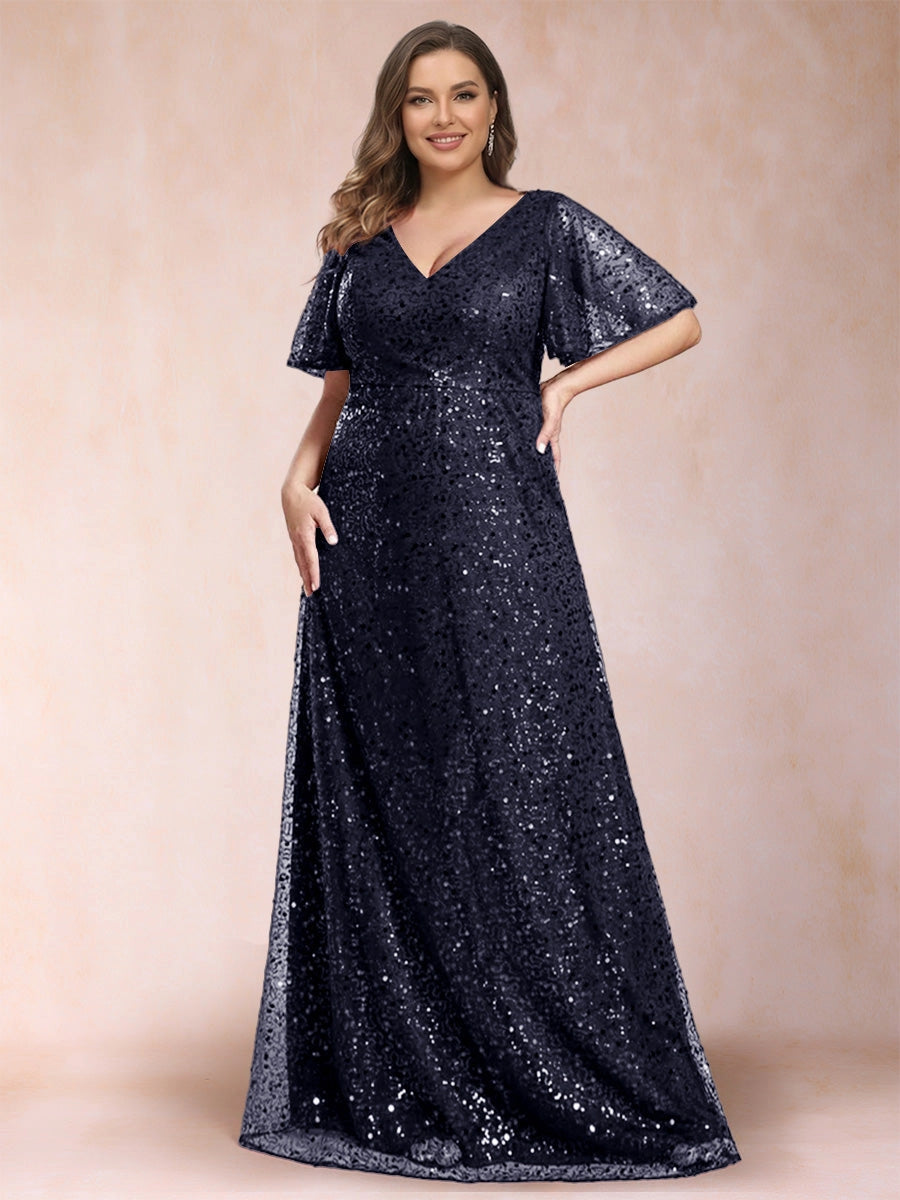 Elegant Plus Size Sequin Lace A-Line V-Neck Flutter-Sleeve Zipper-Back Floor-Length Evening Dress