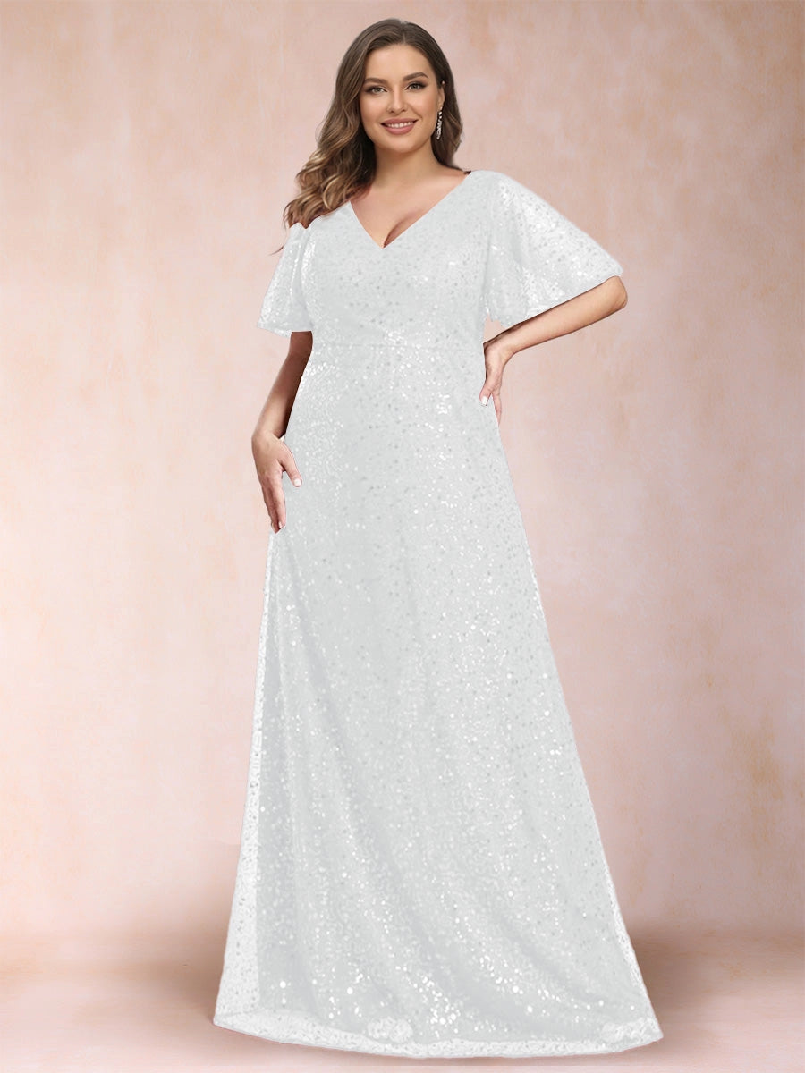 Elegant Plus Size Sequin Lace A-Line V-Neck Flutter-Sleeve Zipper-Back Floor-Length Evening Dress
