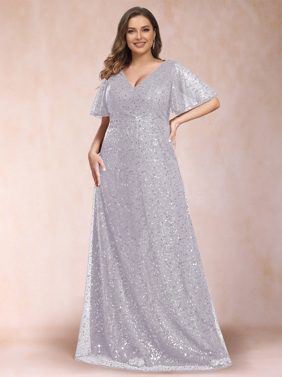 Elegant Plus Size Sequin Lace A-Line V-Neck Flutter-Sleeve Zipper-Back Floor-Length Evening Dress