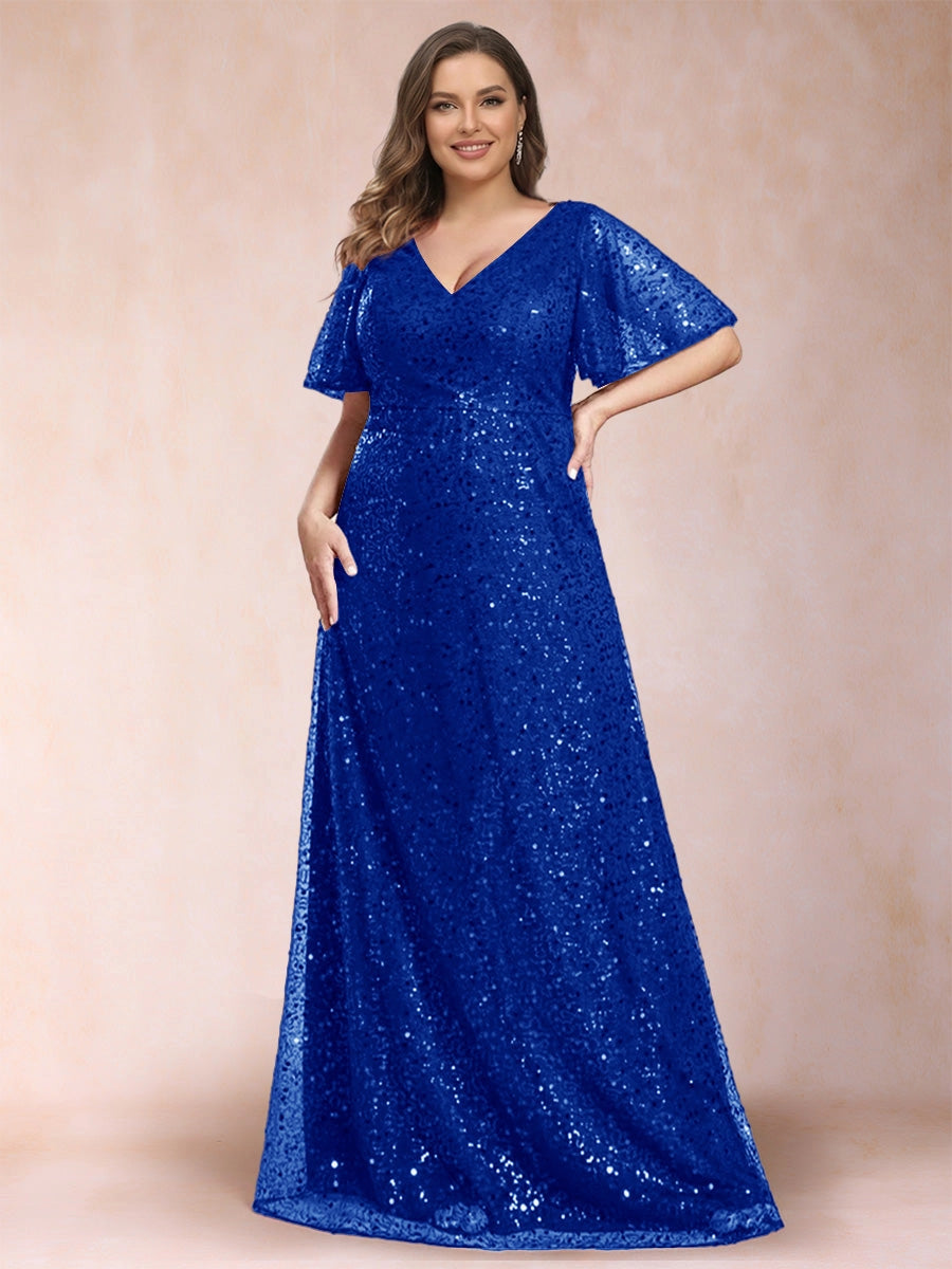 Elegant Plus Size Sequin Lace A-Line V-Neck Flutter-Sleeve Zipper-Back Floor-Length Evening Dress