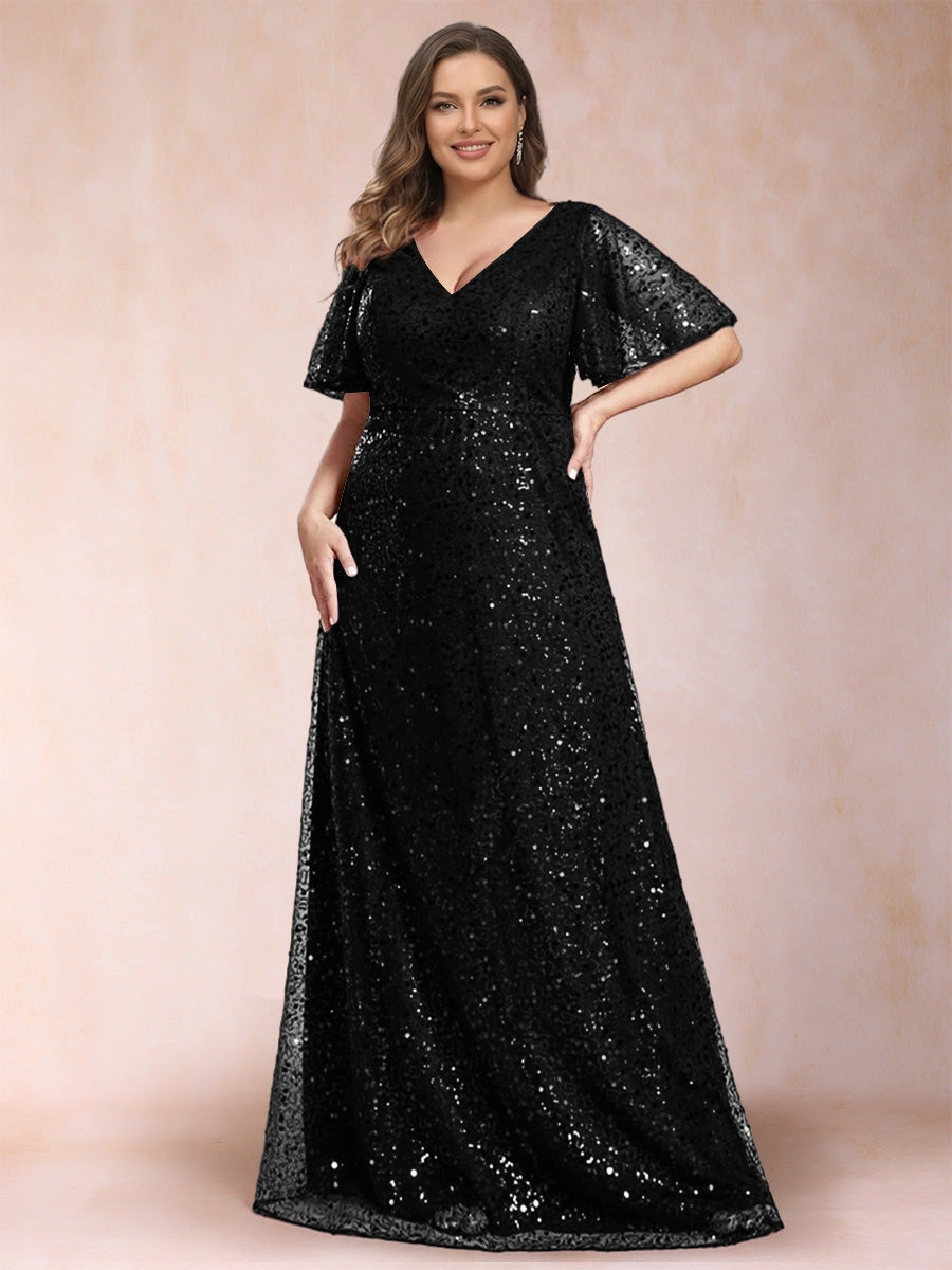 Elegant Plus Size Sequin Lace A-Line V-Neck Flutter-Sleeve Zipper-Back Floor-Length Evening Dress