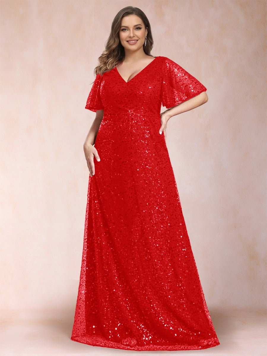 Elegant Plus Size Sequin Lace A-Line V-Neck Flutter-Sleeve Zipper-Back Floor-Length Evening Dress