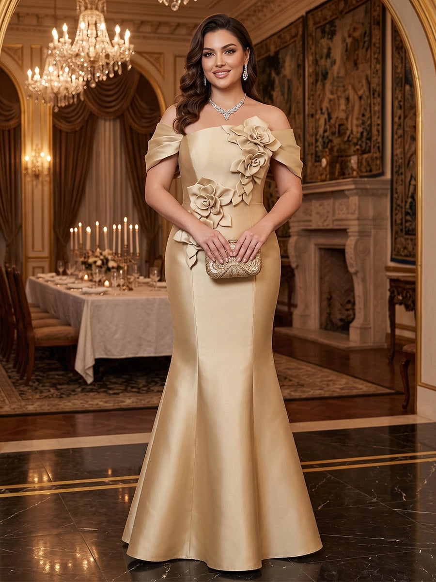 Front view of Loverlm champagne plus size off-shoulder floral satin mermaid evening dress
