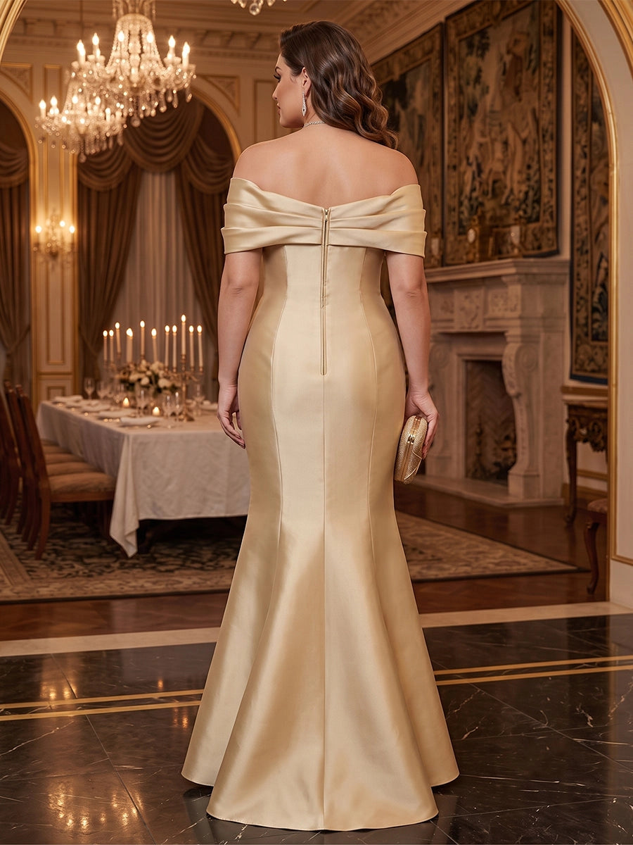 Elegant Plus Size Mermaid Straight-Neck Off-Shoulder Zipper-Back Floral Satin Evening Dress