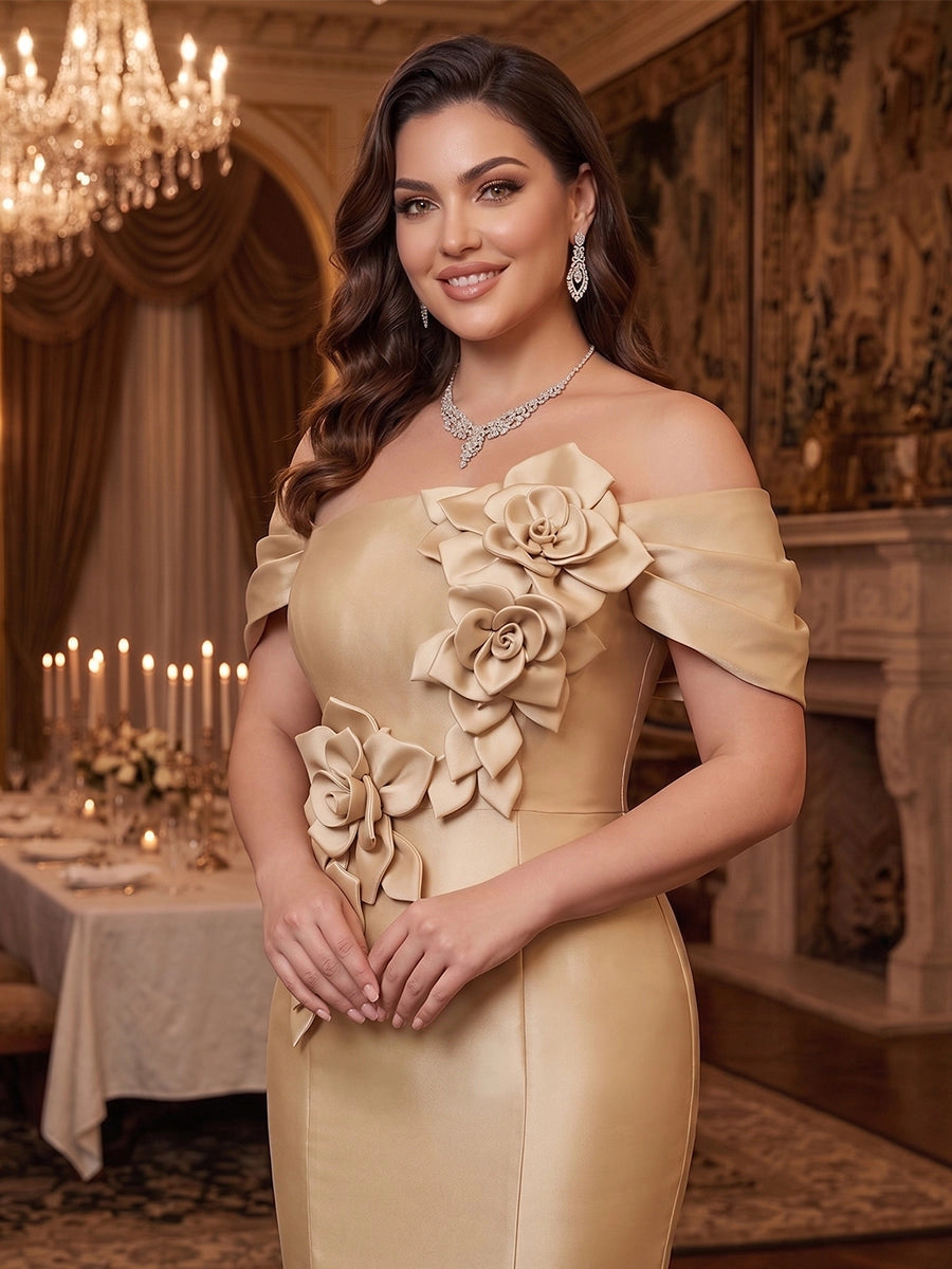 Elegant Plus Size Mermaid Straight-Neck Off-Shoulder Zipper-Back Floral Satin Evening Dress