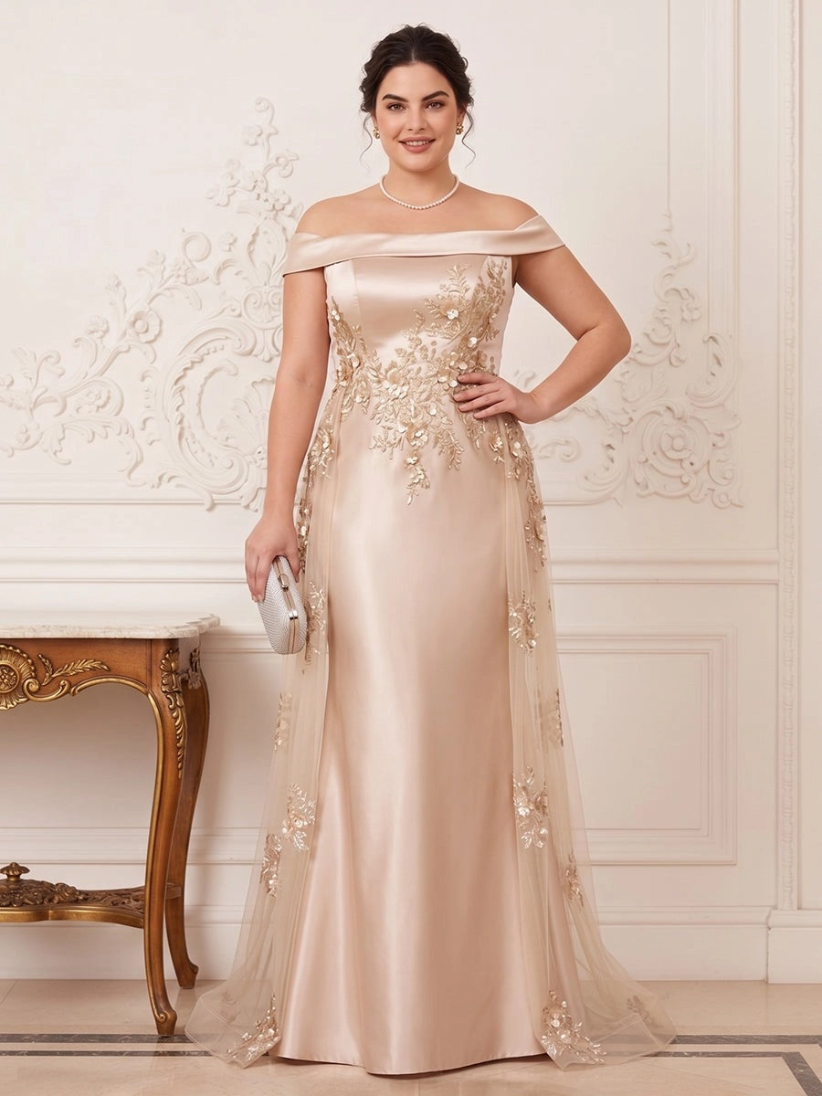 Front view of Loverlm champagne plus size satin evening dress with off-shoulder neckline and gold floral embroidered tulle
