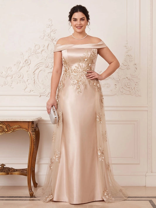 Front view of Loverlm champagne plus size satin evening dress with off-shoulder neckline and gold floral embroidered tulle

