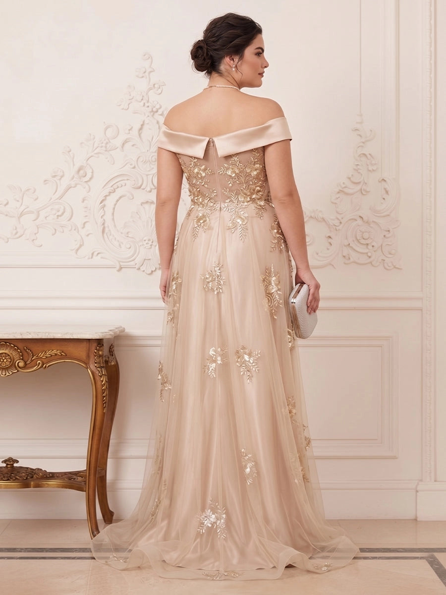 Elegant Plus Size Satin A-Line Off-Shoulder Zipper-Back Lace Floor-Length Evening Dress