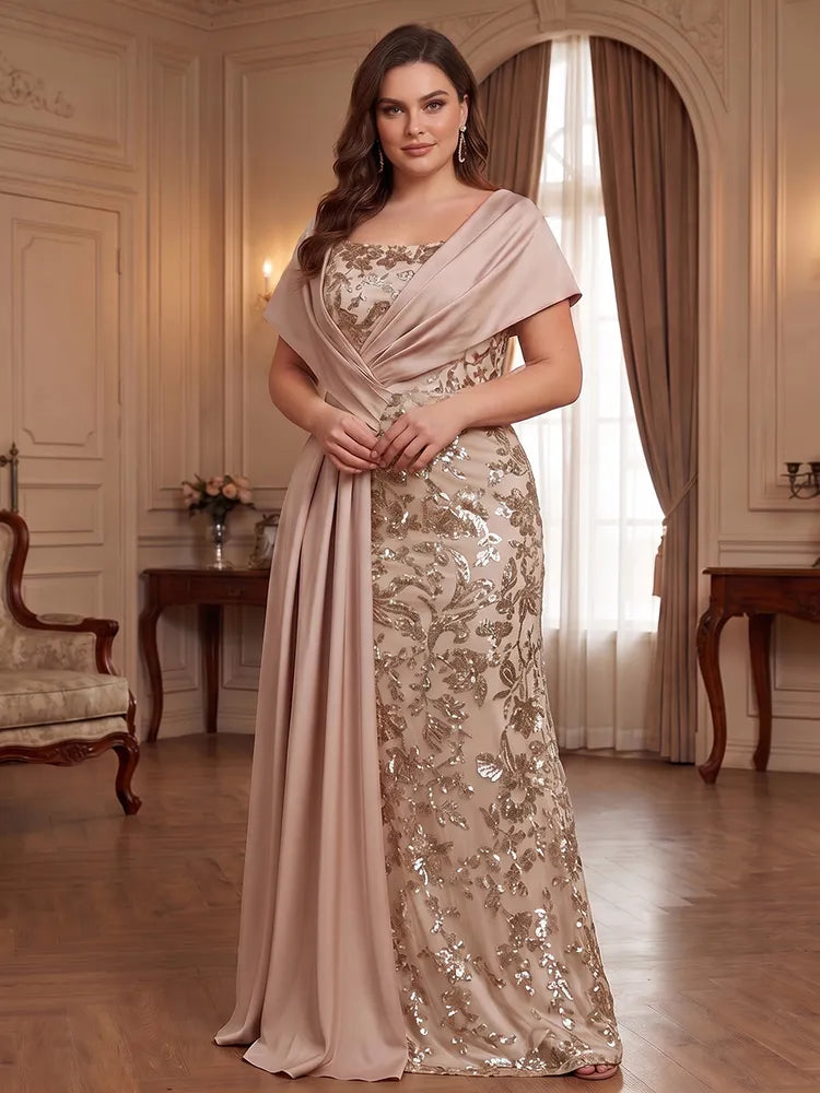 Loverlm plus size champagne Mother of the Bride dress with square neckline sequin floral design draped shawl and floor-length sheath skirt
