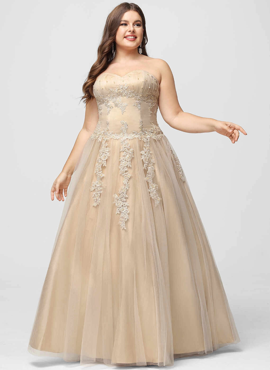 Plus size champagne tulle ball gown prom dress with strapless sweetheart neckline, embroidered floral lace corset bodice and full floor-length skirt by Loverlm