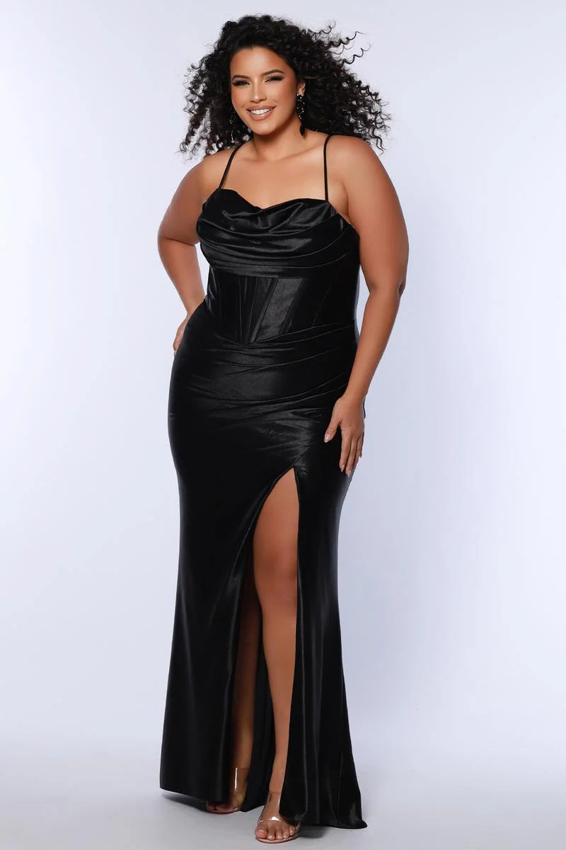 Elegant Plus Size Sheath Cowl Neck Sleeveless Satin Floor Length Prom Dress