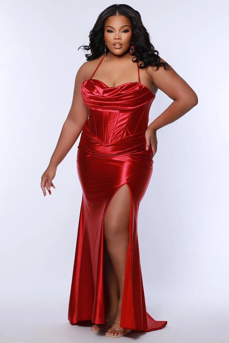Elegant Plus Size Sheath Cowl Neck Sleeveless Satin Floor Length Prom Dress