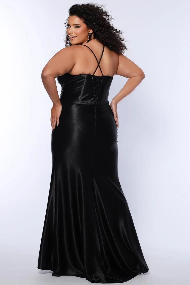 Elegant Plus Size Sheath Cowl Neck Sleeveless Satin Floor Length Prom Dress