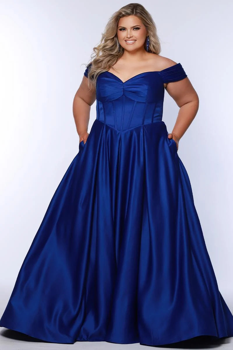 Plus size cobalt blue satin A-line prom dress with off-shoulder sweetheart neckline, ruched corset bodice, basque waist, side pockets, and full floor-length skirt
